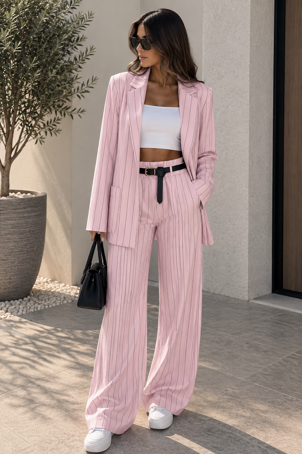 Ensemble tailleur femme rayé blazer + pantalon large